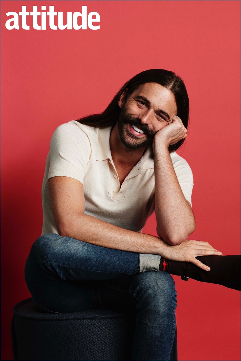 Jonathan van Ness wears a Gucci polo with Frame Denim jeans. 