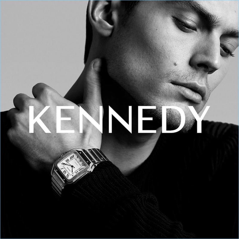 Connecting with Kennedy, Jacob Hankin wears the Cartier Santos watch.