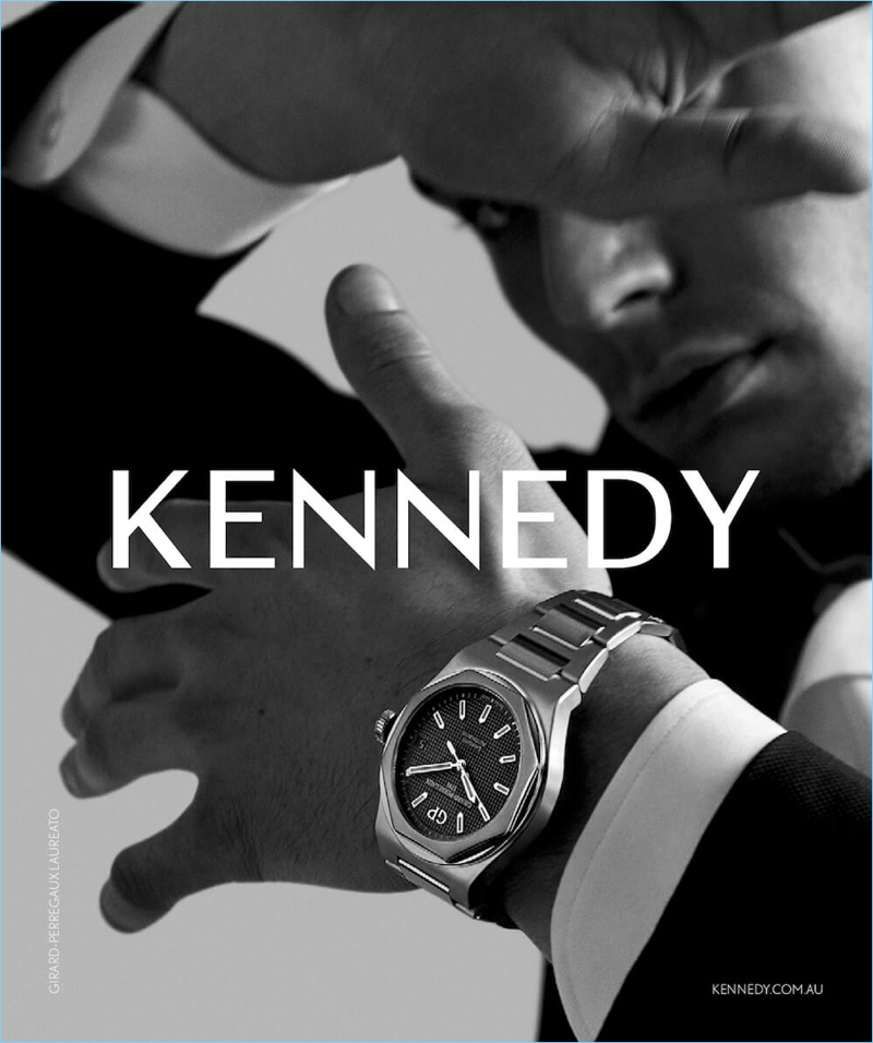 Model Jacob Hankin wears the Girard-Perregaux Laureato watch for Kennedy.