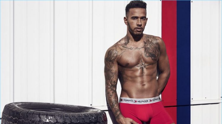 Tommy Hilfiger's latest ambassador, Lewis Hamilton wears underwear for a campaign.