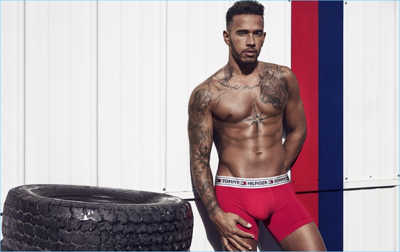 Tommy Hilfiger's latest ambassador, Lewis Hamilton wears underwear for a campaign.