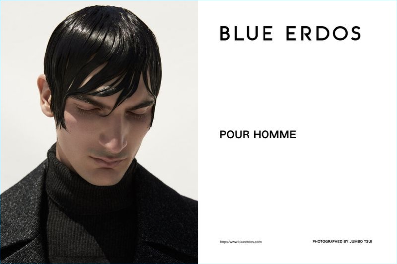 Rocking a wet hair look, Luca Lemaire connects with Blue Erdos for fall-winter 2018.