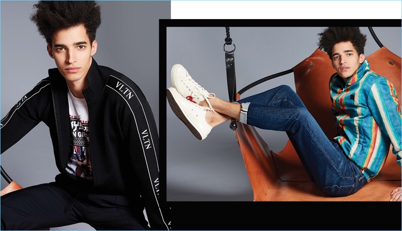 Left: Luis Borges wears a Valentino graphic t-shirt, track jacket and pants. Right: Luis sports an Acne Studios jacket and denim jeans with Comme des Garçons Play x Converse sneakers.