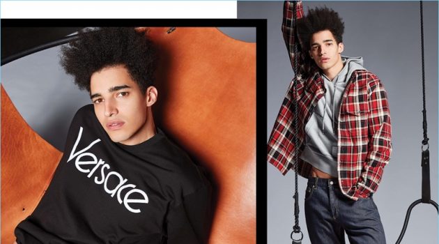 Early Riser: Luis Borges Sports Pre-Fall '18 Styles for Holt Renfrew Left: Going casual, Luis Borges wears a Versace sweatshirt, underwear, and track pants. Right: The Portuguese model sports an Alexander McQueen flannel shirt and denim jeans with a Thom Browne sweatshirt.
