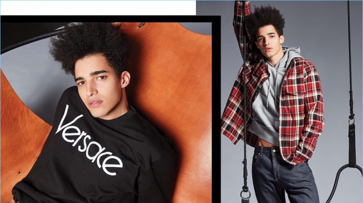 Left: Going casual, Luis Borges wears a Versace sweatshirt, underwear, and track pants. Right: The Portuguese model sports an Alexander McQueen flannel shirt and denim jeans with a Thom Browne sweatshirt.