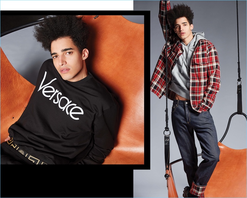 Left: Going casual, Luis Borges wears a Versace sweatshirt, underwear, and track pants. Right: The Portuguese model sports an Alexander McQueen flannel shirt and denim jeans with a Thom Browne sweatshirt.