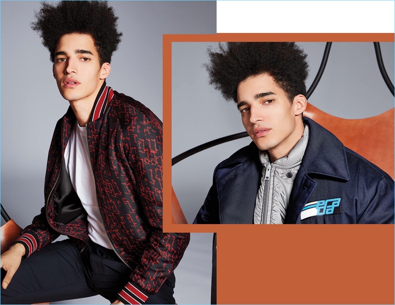 Left: Front and center, Luis Borges wears a Givenchy bomber jacket, Sunspel t-shirt, and Valentino pants. Right: Luis dons a Prada coat and jacket.