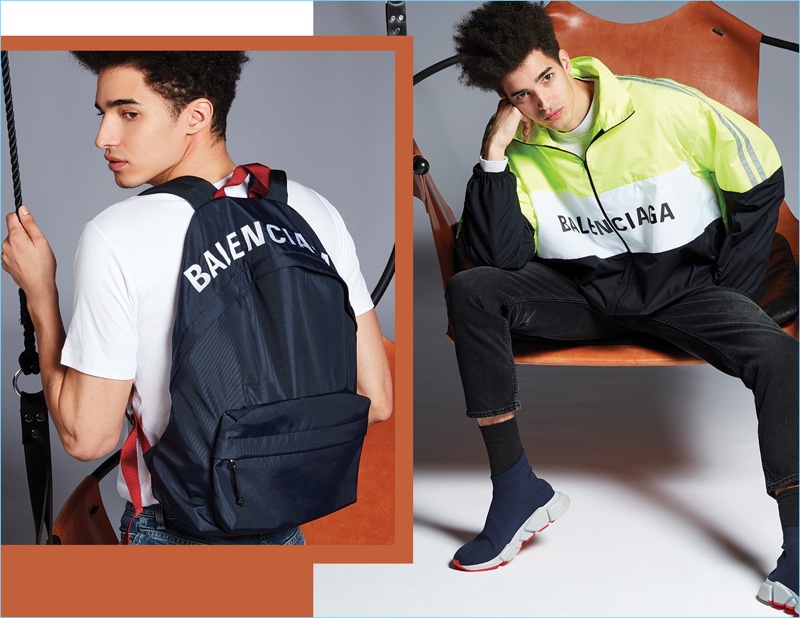 Left: Model Luis Borges wears a Sunspel t-shirt, Givenchy jeans, and a Balenciaga backpack. Right: Luis rocks a Balenciaga track jacket and sneakers with Acne Studios jeans.