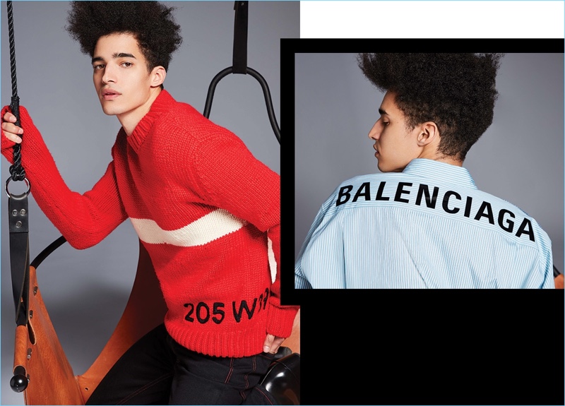Left: Preparing for the cold, Luis Borges wears a Calvin Klein 205W39NYC sweater and jeans. Right: Connecting with Holt Renfrew, Luis wears a Balenciaga dress shirt.