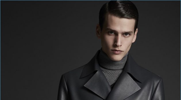 Simon Van Meervenne Dons Chic Coats from Major Giovanni Allegri Cool in leather, Simon Van Meervenne wears a double-breasted jacket by Major Giovanni Allegri.