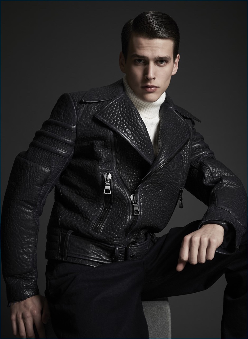 Model Simon Van Meervenne sports a leather jacket from Major Giovanni Allegri.