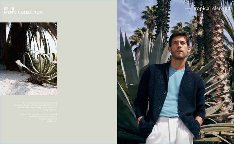 Josh Upshaw embraces a soft tropical color theme for Massimo Dutti's latest outing.