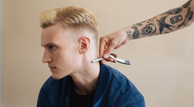 Barneys Showcases Popular Hairstyles for 2018 Model Alexander Johansson receives a hair update with a side part faded to skin hairstyle.