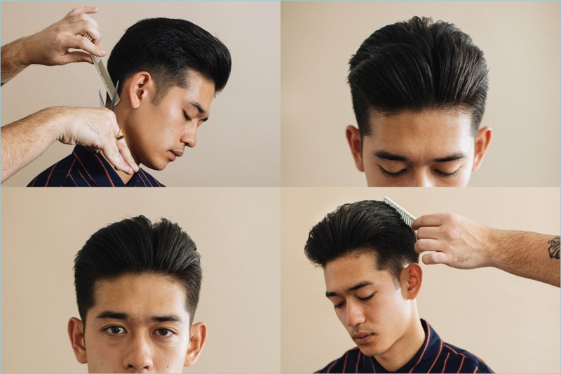 Connecting with Barneys New York, Keisuke Asano sports a short push-back hairstyle.