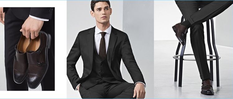 Elegant Business: BOSS proposes a black suit with dress shoes in dark brown, black, or deep red.