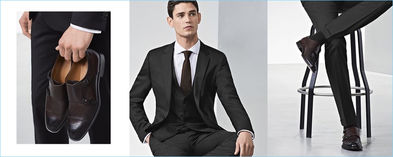 Elegant Business: BOSS proposes a black suit with dress shoes in dark brown, black, or deep red.