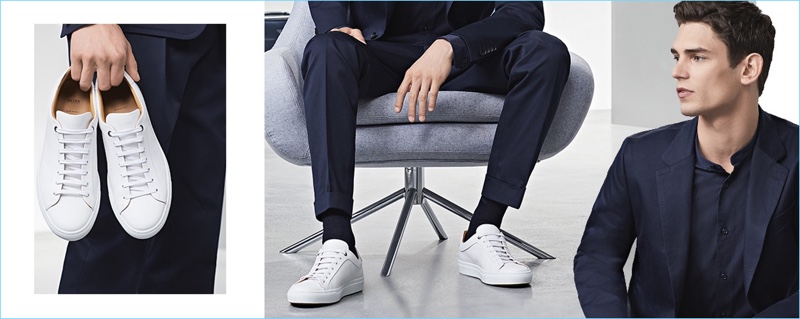 Smart Casual: Get out your basic sneakers. Navy or white sneakers look great with a blue suit.