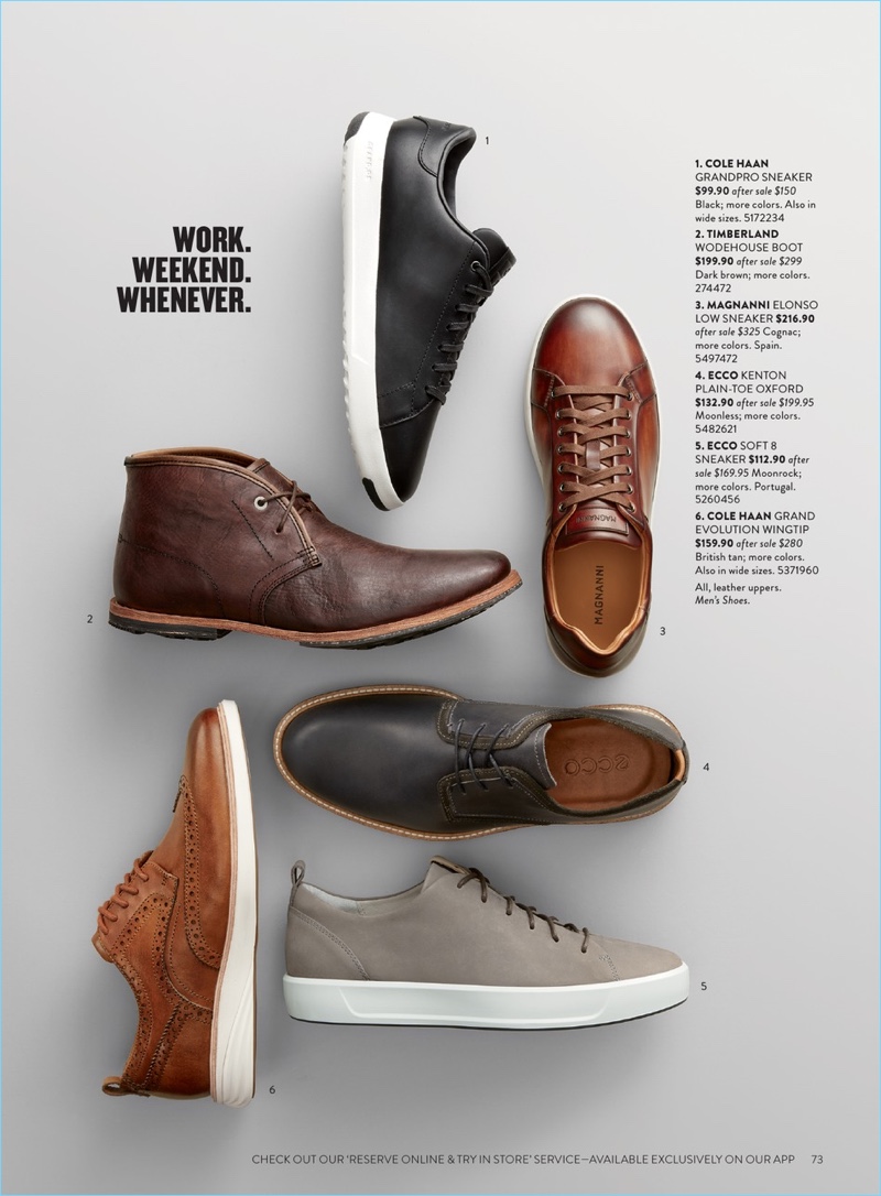 1. Cole Haan sneakers 2. Timberland boots 3. Magnanni sneakers 4. Ecco plain-toe oxford shoes 5. Ecco sneakers 6. Cole Haan wingtip shoes.