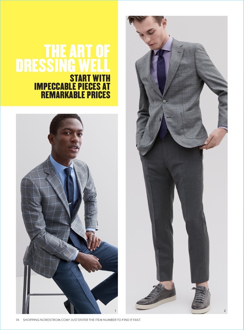 Left: Hamid Onifade wears a Hart Schaffner Marx sport coat with a Nordstrom Men's Shop dress shirt. He also dons Santorelli trousers. Right: Kit Butler sports a BOSS sport coat, dress shirt, tie, and flat-front trousers.