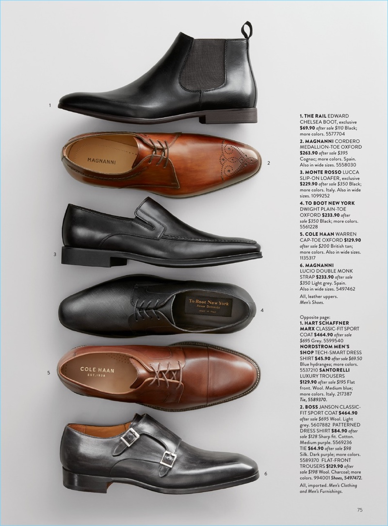 1. The Rail Chelsea boots 2. Magnanni medallion-toe oxford shoes 3. Monte Rosso slip-on loafer 4. To Boot New York plain-toe oxford shoes 5. Cole Haan cap-toe oxford shoes 6. Magnanni double monk strap shoes