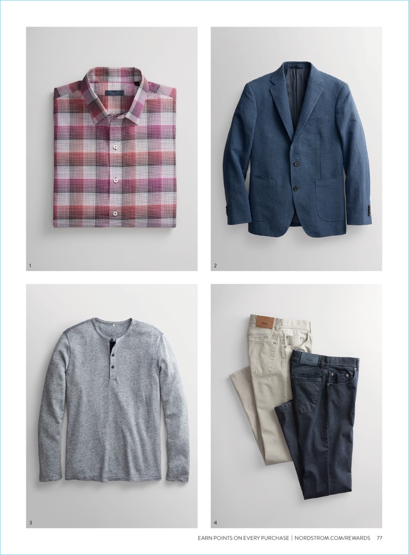 1. Zachary Prell shirt 2. Rodd & Gunn jacket 3. 1901 henley 4. Brax five-pocket pants