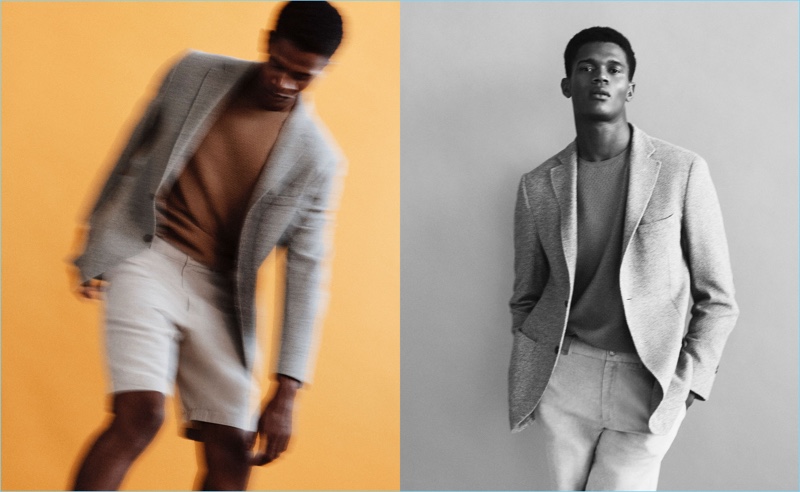 Donning a soft grey blazer, O'Shea Robertson connects with Massimo Dutti.