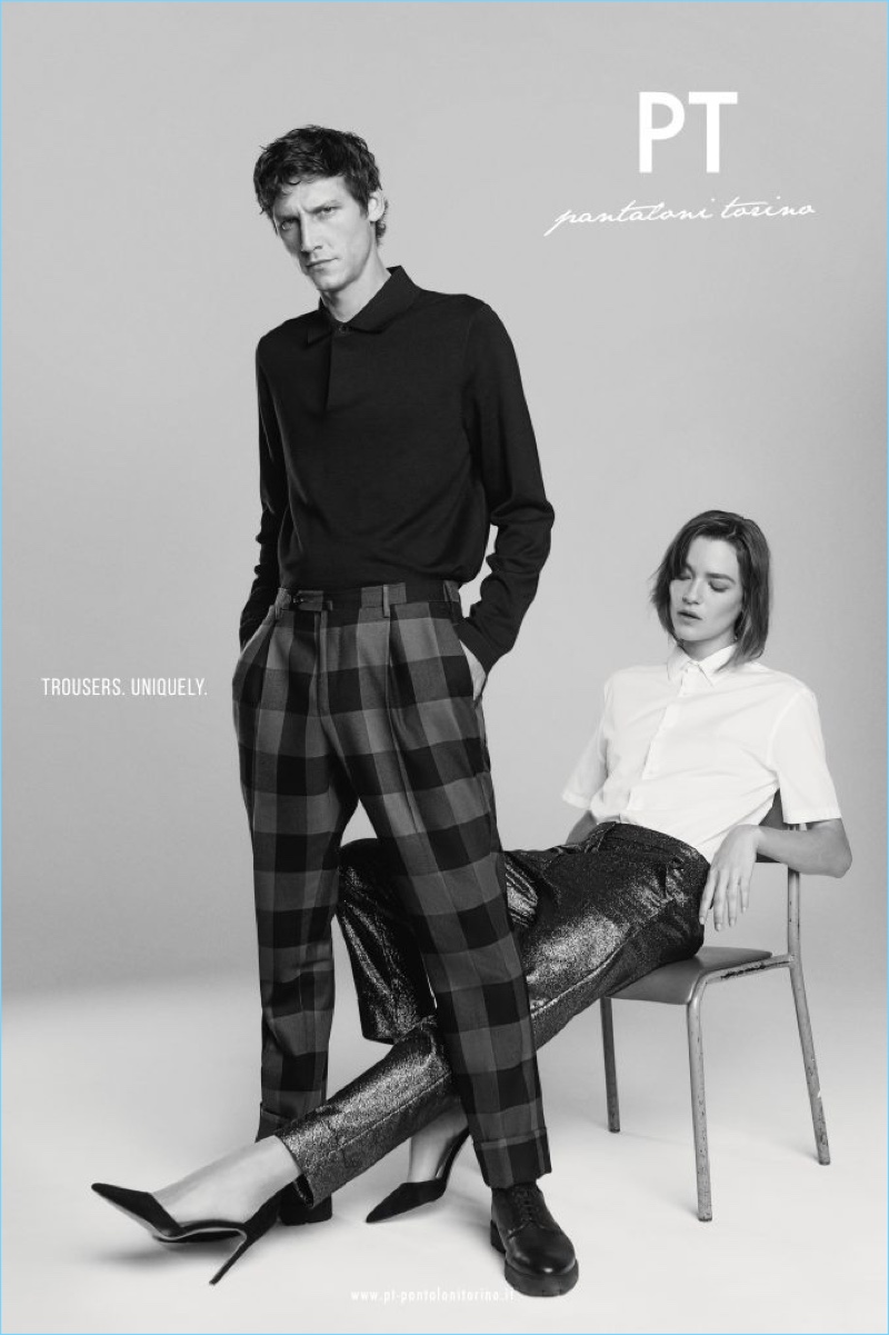 Models Roch Barbot and Lisa-Louis Fratani appear in PT Pantaloni Torino's fall-winter 2018 campaign.