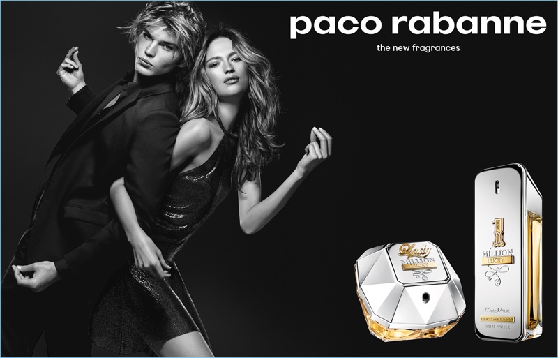 Models Jordan Barrett and Sophia Ahrens come together for Paco Rabanne's Million Lucky campaign.