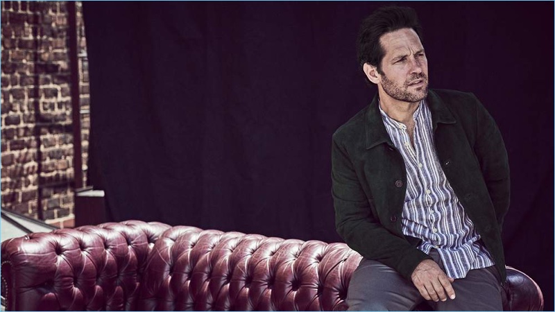 Donning a Prada suede blouson jacket, Paul Rudd also sports a Oliver Spencer grandad-collar shirt. He wears POLO Ralph Lauren chinos as well.