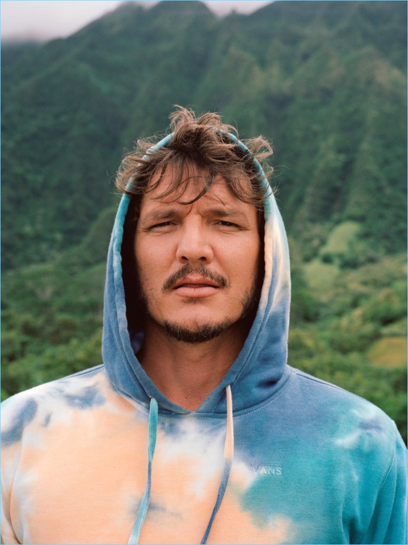 Connecting with GQ, Pedro Pascal wears a Vans hoodie.