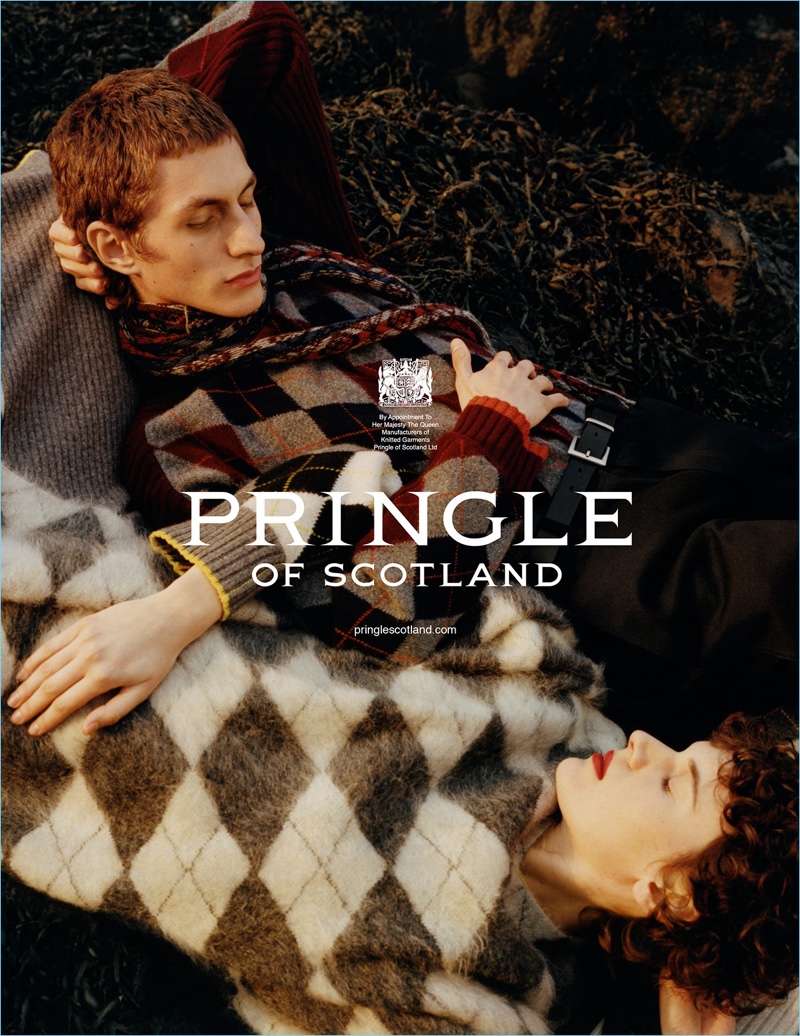 Models Henry Kitcher   and Jamily Wernke Meurer appear in Pringle of Scotland's fall-winter 2018 campaign.