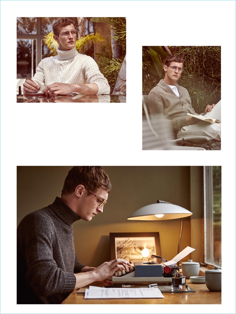 Clockwise, from top left: JOHNSTONS OF ELGIN polo neck £399; STELLA McCARTNEY glasses £200; SMYTHSON Tropical Soho notepad £155; GRAF VON FABER-CASTELL pen £550; CORNELIANI cardigan from a selection; 120% LINO shirt £163; LORO PIANA trousers £405; STELLA McCARTNEY glasses £200; LORO PIANA polo neck £1,195; ALEXANDER McQUEEN glasses £275; GRAF VON FABER-CASTELL pen £550 and ink bottle from £25