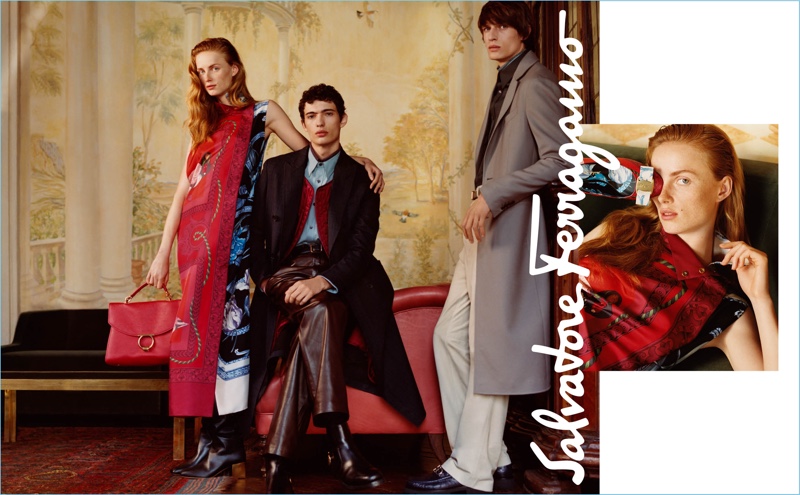 Rianne Van Rompaey, Piero Mendez, and Edoardo Sebastianelli star in Salvatore Ferragamo's fall-winter 2018 campaign.