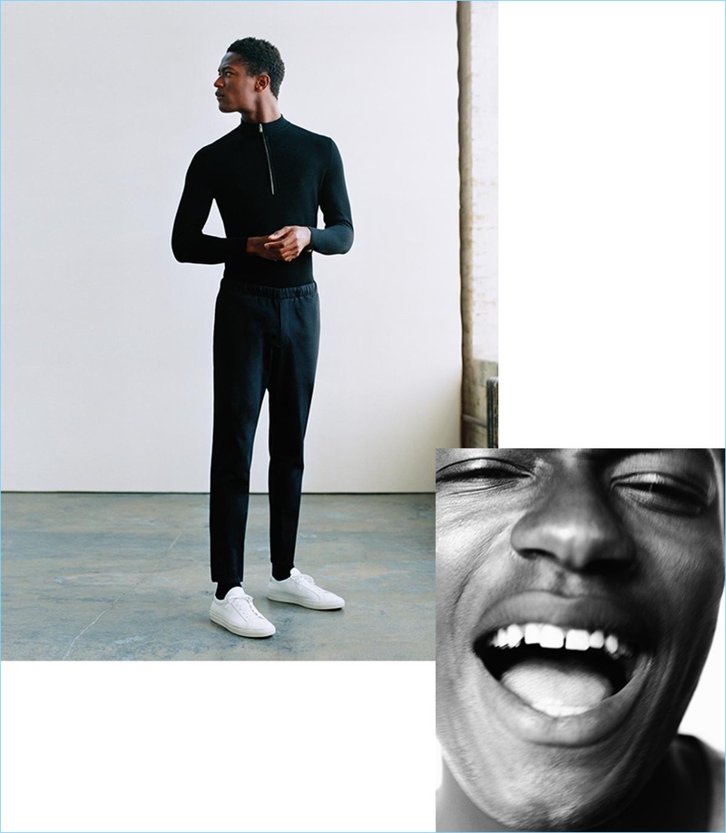All smiles, Hamid Onifade stars in Theory's fall-winter 2018 campaign.