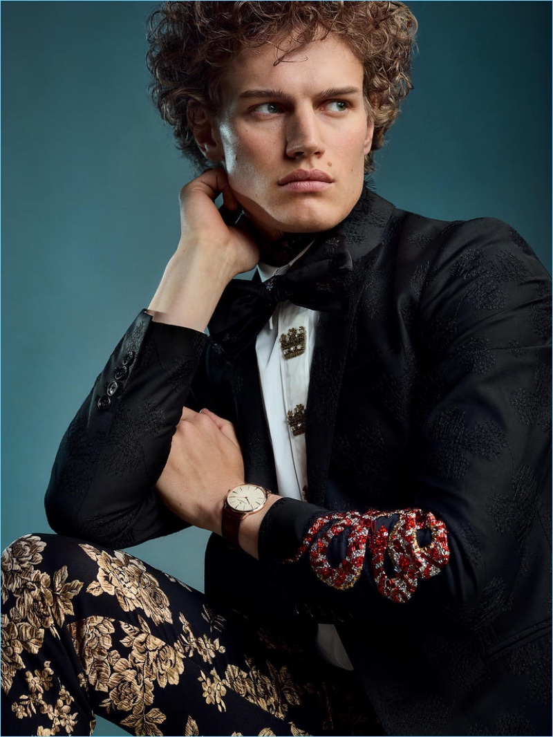 PHILIPP PLEIN jacket £1,735; DOLCE & GABBANA shirt £1,800, bow tie £150 and trousers from a selection; VACHERON CONSTANTIN Patrimony watch £16,500