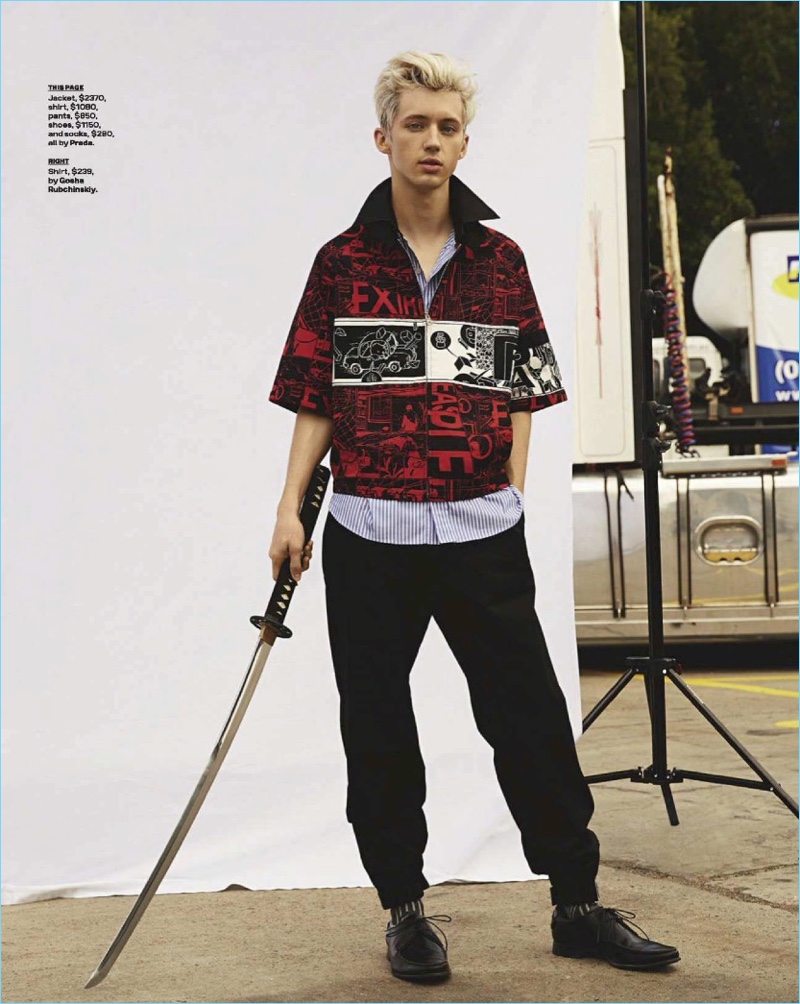 Making a style statement, Troye Sivan wears Prada.