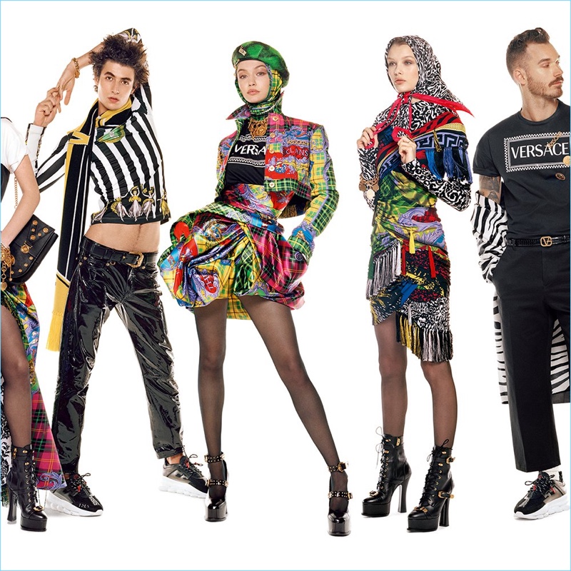 Oscar Kindelan, Gigi Hadid, Kris Grikaite, and David Alexander Flinn star in Versace's fall-winter 2018 campaign.