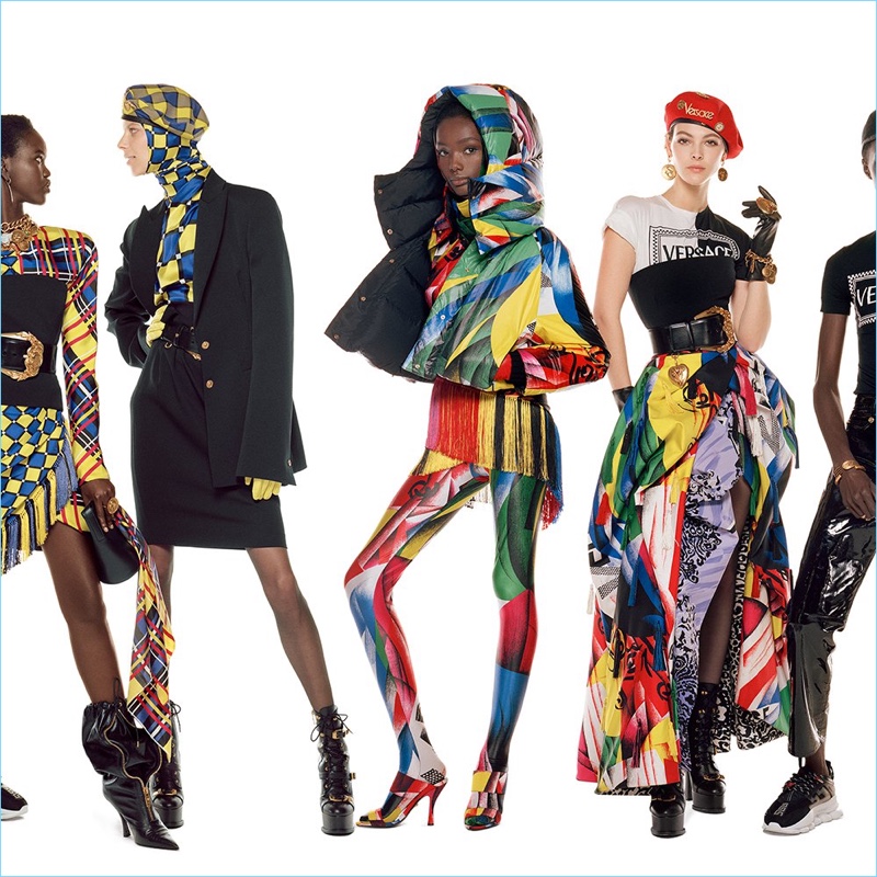 Adut Akech, Lexi Boling, Imari Karanja, and Vittoria Ceretti appear in Versace's fall-winter 2018 campaign.