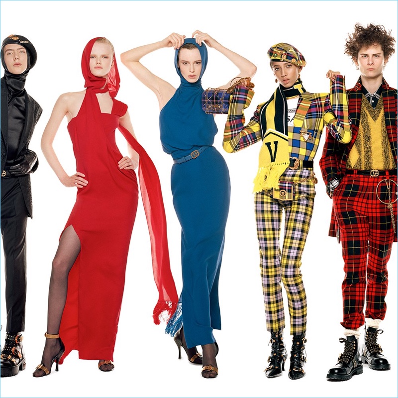 Paul Hameline, Hannah Motler, Gisele Fox, Yasmine Wijnaldum, and Skylar Penn appear in Versace's fall-winter 2018 campaign.