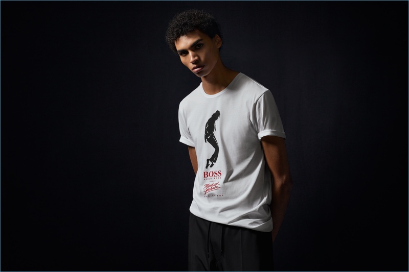 Sol Goss rocks a t-shirt from the BOSS x Michael Jackson capsule collection.