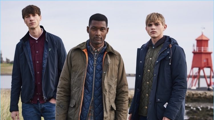 Models Harvey James, Jourdan Copeland, and Jose Luis Lucero model fall-winter 2018 looks from Barbour Beacon.