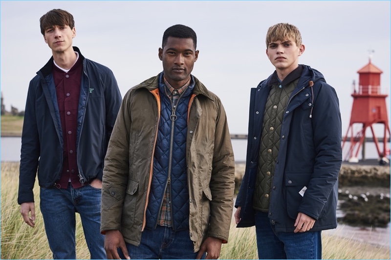 Models Harvey James, Jourdan Copeland, and Jose Luis Lucero model fall-winter 2018 looks from Barbour Beacon.