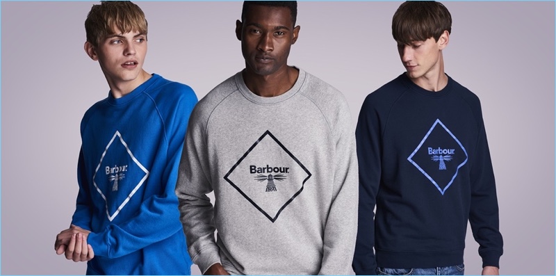 Going casual, Barbour Beacon showcases logo sweatshirts.