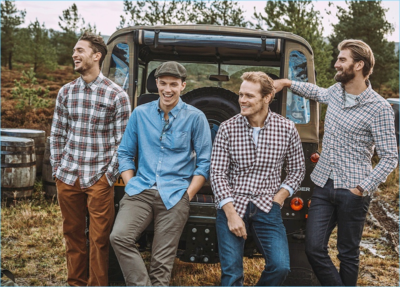 All smiles, Harvey Newton-Hayden, Samuel Tingman, Sam Heughan, and Calle Strand front the Barbour Shirt Department fall-winter 2018 campaign.