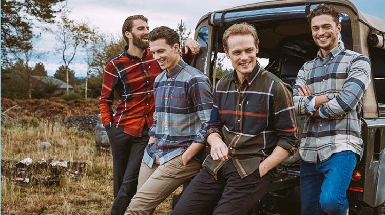 Calle Strand, Samuel Tingman, Sam Heughan, and Harvey Newton-Hayden appear in the Barbour Shirt Department fall-winter 2018 campaign.