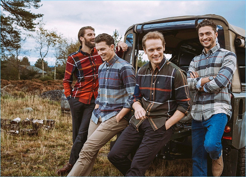 Calle Strand, Samuel Tingman, Sam Heughan, and Harvey Newton-Hayden appear in the Barbour Shirt Department fall-winter 2018 campaign.