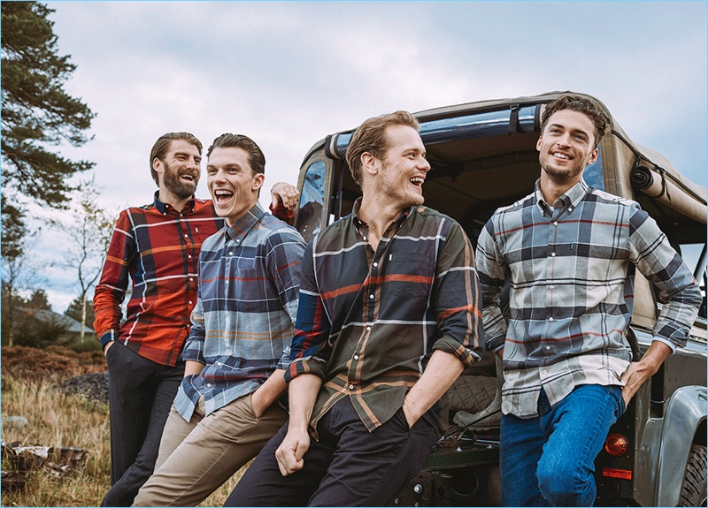 Models Calle Strand, Samuel Tingman, and Harvey Newton-Hayden join Sam Heughan for the Barbour Shirt Department fall-winter 2018 campaign.