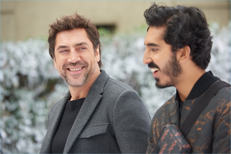 All smiles, Javier Bardem and Dev Patel shoot Ermenegildo Zegna's fall-winter 2018 campaign.