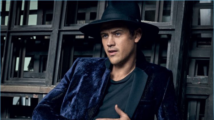 Clad in velvet, Boyd Holbrook dons an Emporio Armani suit, Ksubi tee, and Kozaburo hat.