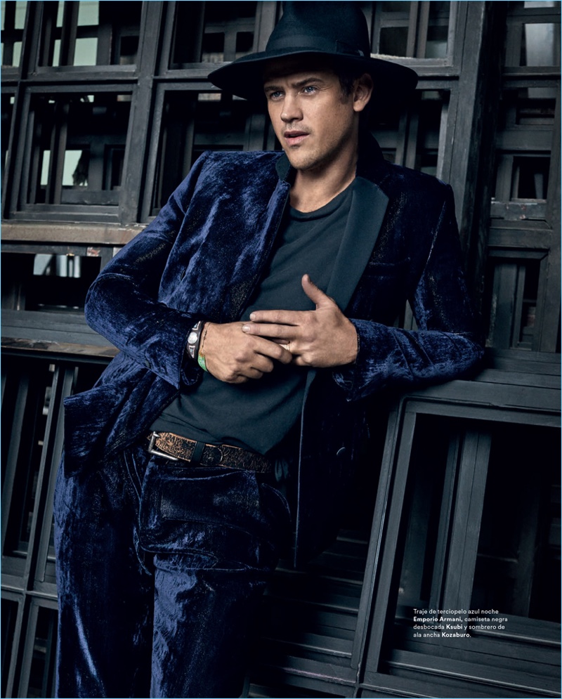 Clad in velvet, Boyd Holbrook dons an Emporio Armani suit, Ksubi tee, and Kozaburo hat.